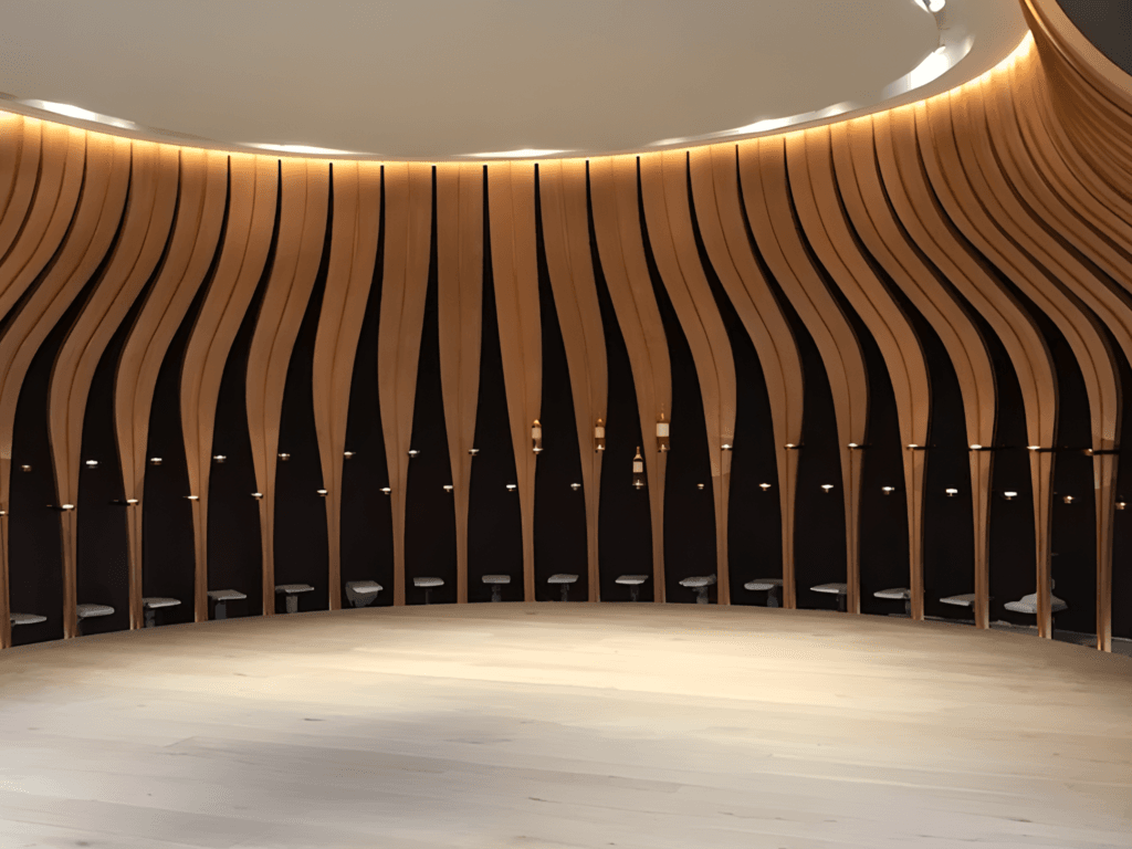 Photo de la salle de dégustation d'Yquem, elle est composée de palmes de bois multiplis moulé en chêne et de présentoir de bouteilles.